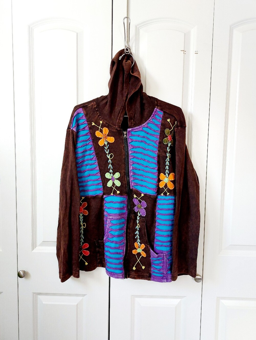Brown Patchwork Boho Hippie ZipUp Hoodie Jacket Festival Fairy Grunge Rising Int